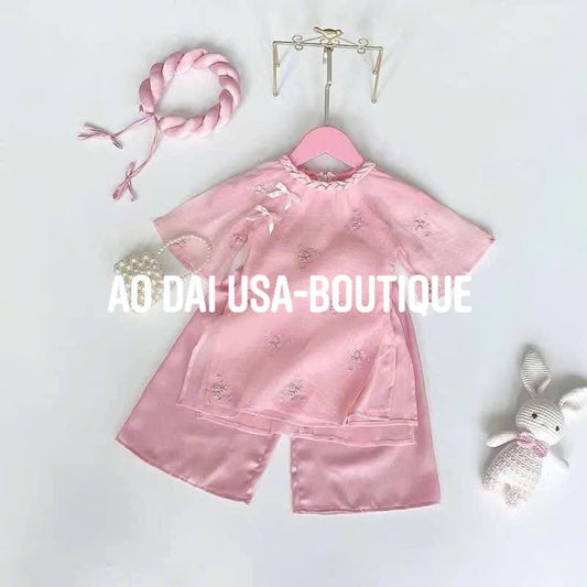 Girls Floral Ao Dai Set Pink Color/ Set embroidery patterns/ B82