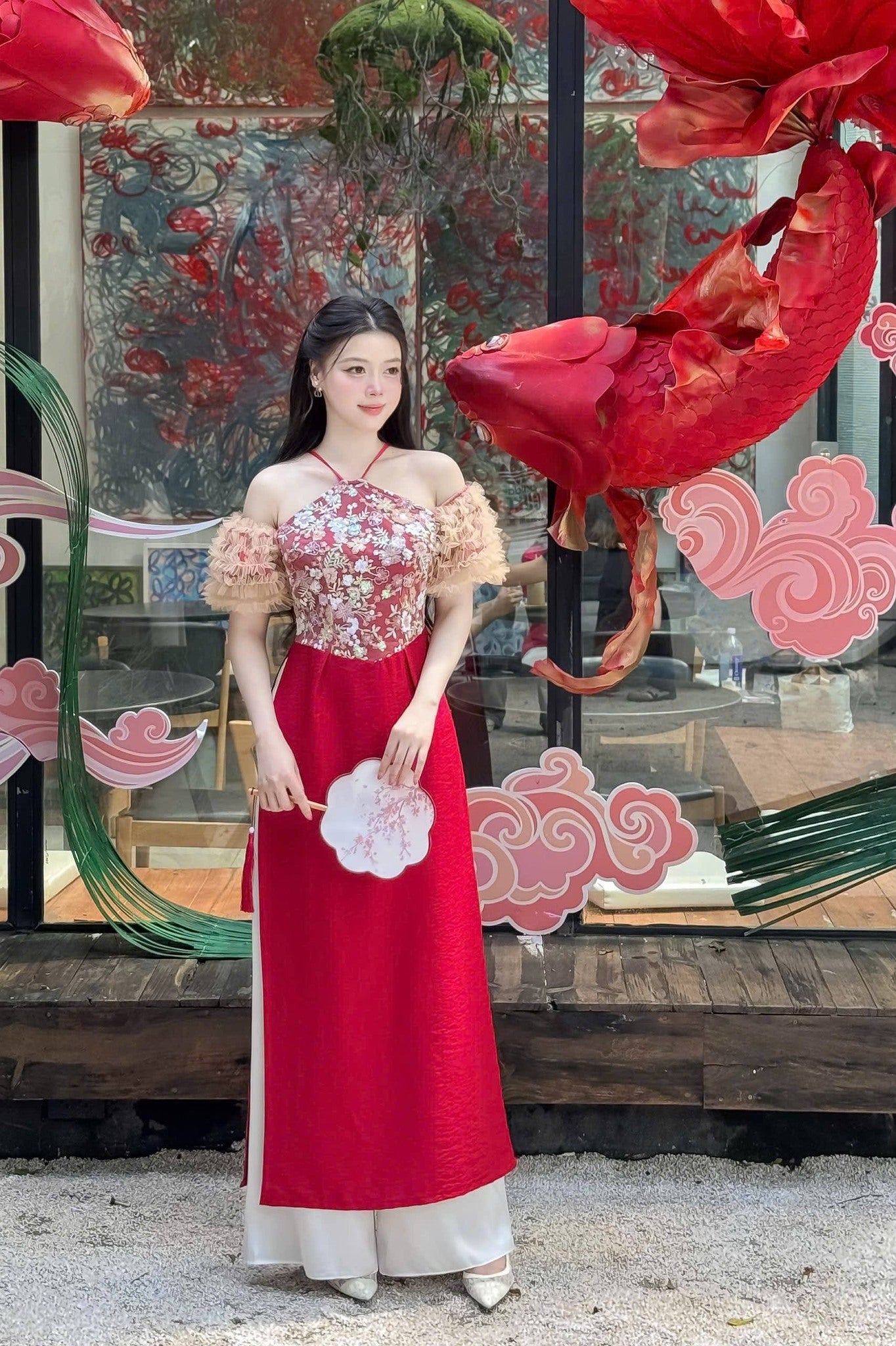 DU Nhiên Ao Dai PHối Kim Sa/Vietnamese Traditional Long Dress With white Pants B245