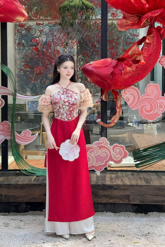 DU Nhiên Ao Dai PHối Kim Sa/Vietnamese Traditional Long Dress With white Pants B245