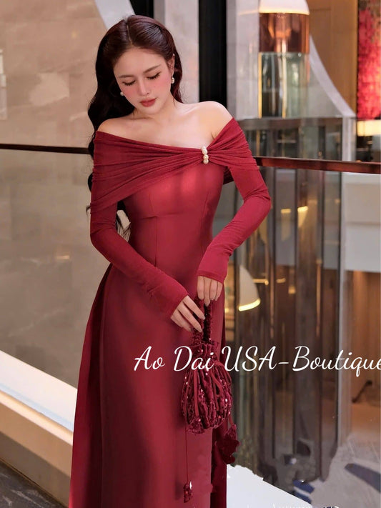 Set Taffeta Áo Dài with Silk-Blend Sleeves Burgundy Color/Set Ao Dai Design for Women/B291