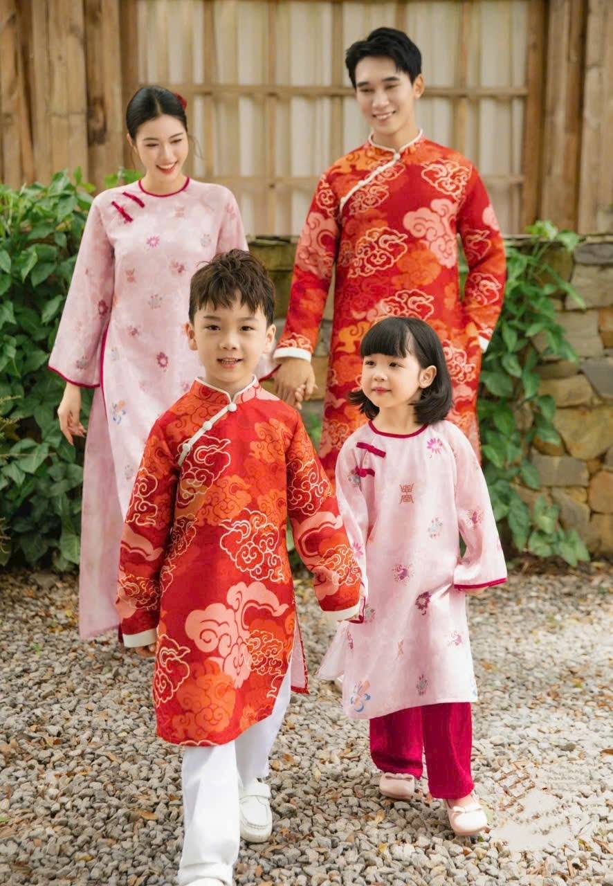 Matching Family Ao Dai Set Red and Pink/Ao Dai Gia Dinh Tet/ Modern Outfit B56