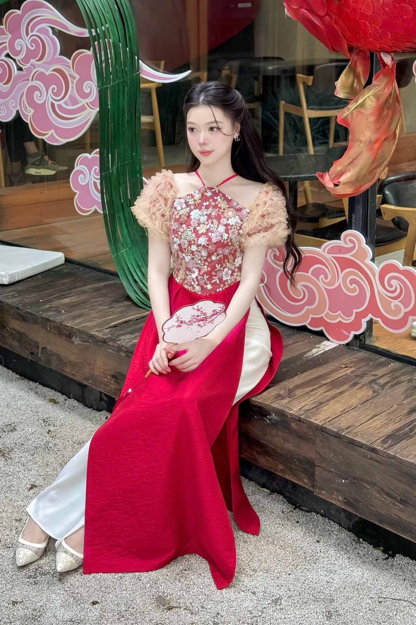 DU Nhiên Ao Dai PHối Kim Sa/Vietnamese Traditional Long Dress With white Pants B245