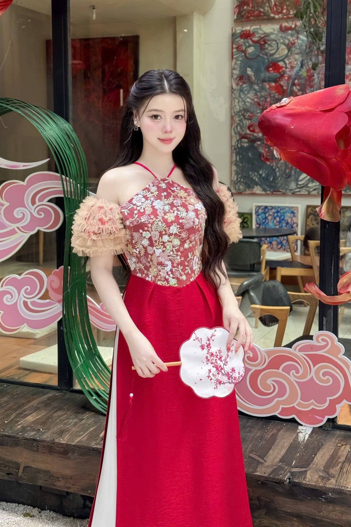 DU Nhiên Ao Dai PHối Kim Sa/Vietnamese Traditional Long Dress With white Pants B245