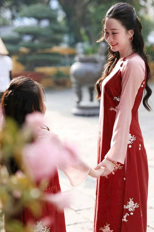 Red Matching Mom & Daughter Red Ao Dai Set Embroidery Spring flowers/B105
