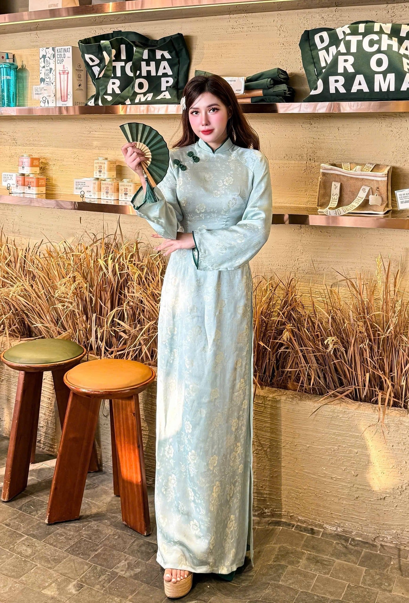 Set Ao Dai Lua To Tam /Vietnamese Traditional Long Dress with Green Pants/ B232