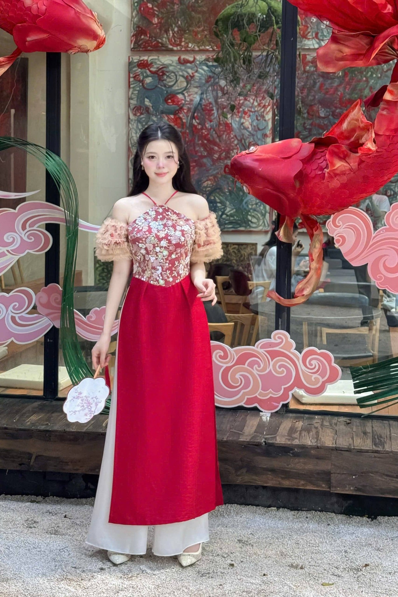 DU Nhiên Ao Dai PHối Kim Sa/Vietnamese Traditional Long Dress With white Pants B245