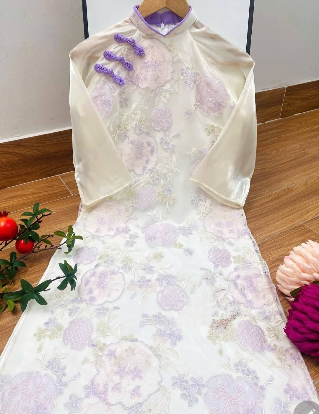 Set Ao Dai Cach Tan Embroidered Flower Purple Color/ Ao Dai For Her/ Hottrend Ao Dai Loose Style/CT278