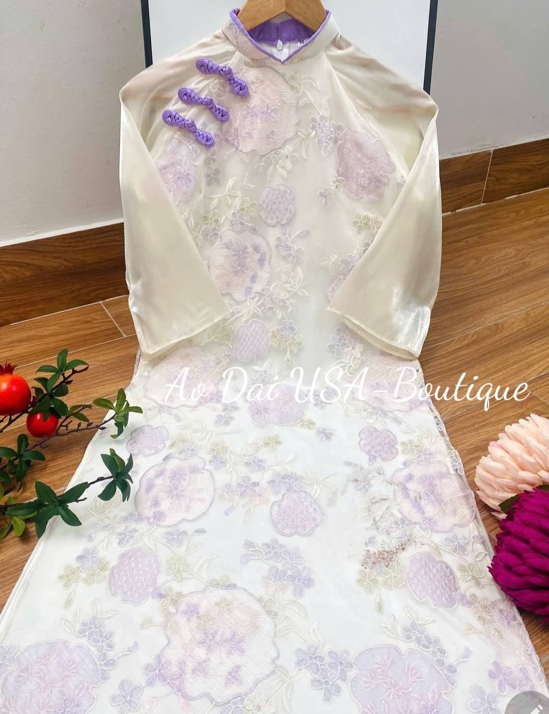 Set Ao Dai Cach Tan Embroidered Flower Purple Color/ Ao Dai For Her/ Hottrend Ao Dai Loose Style/CT278