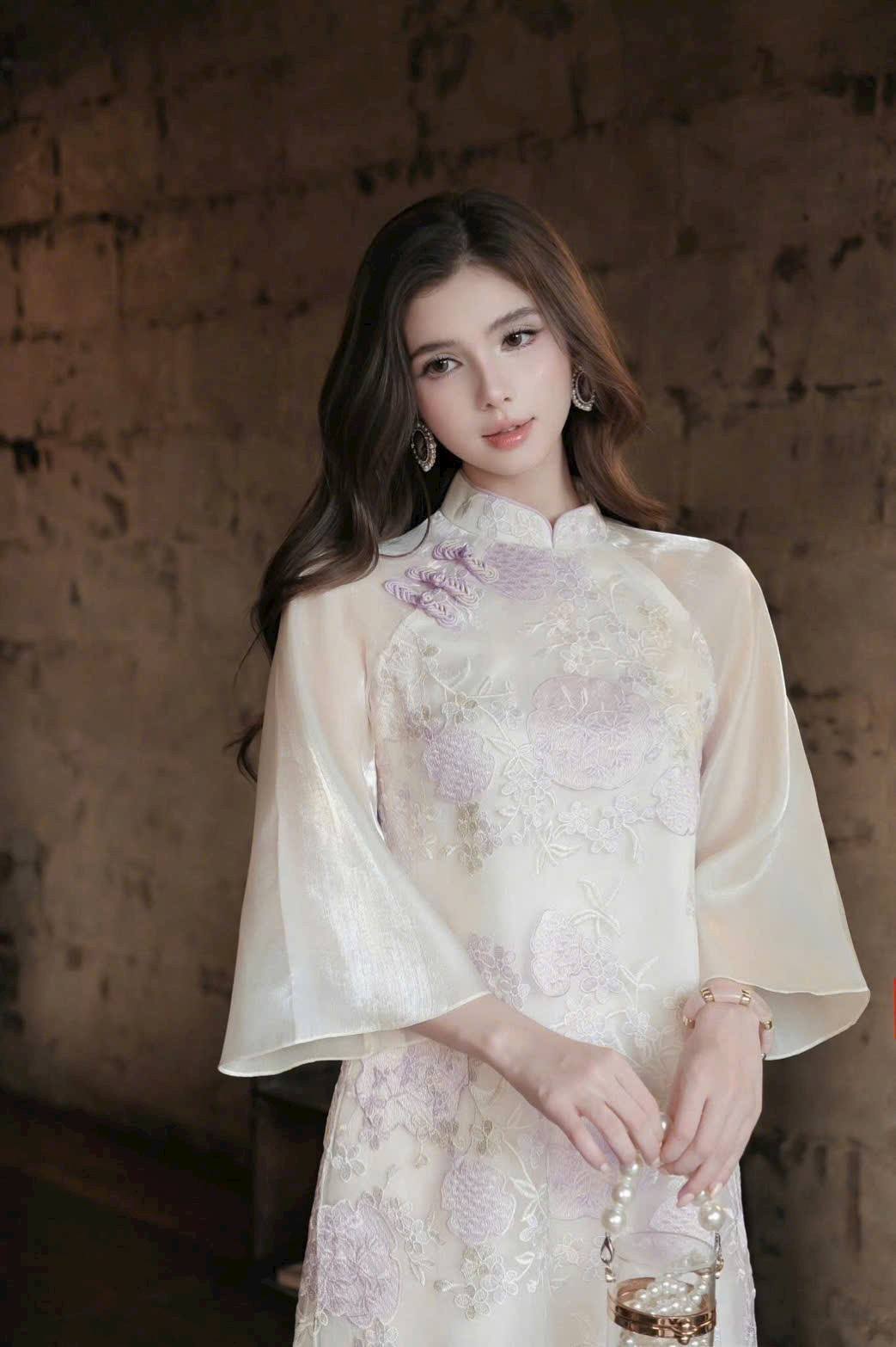 Set Ao Dai Cach Tan Embroidered Flower Purple Color/ Ao Dai For Her/ Hottrend Ao Dai Loose Style/CT278