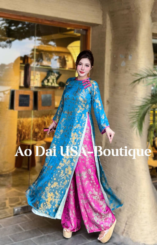 DAN VY Set Ao Dai Lua To tam Mai Xuan Blue Color with Pink-Purple Pants/ TT74