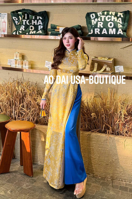 MAI YEN Set Ao Dai Lua Tô Châu /Vietnamese Traditional Long Dress with Blue Pants / B96