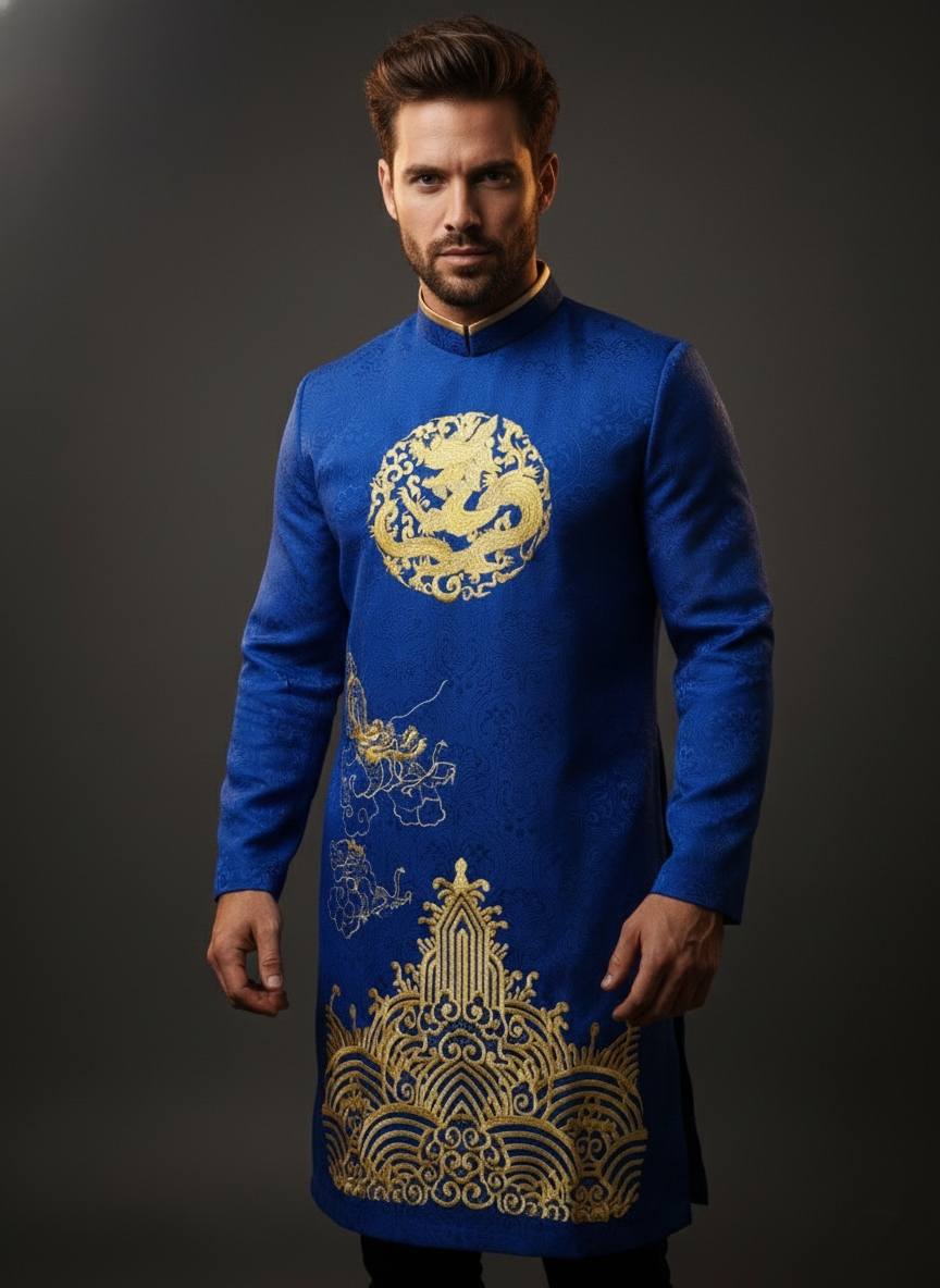 Blue Ao Dai Nam with Dragon Embroidery/ B164
