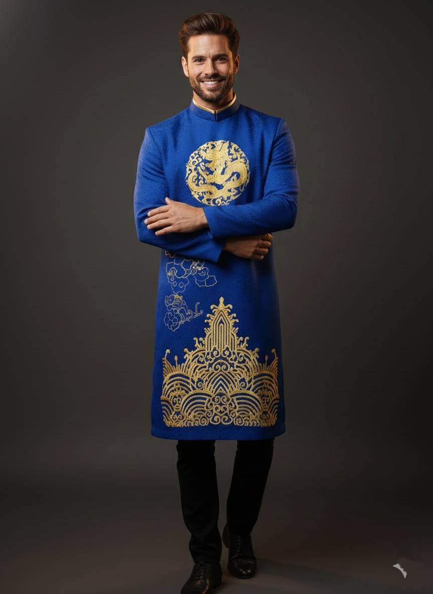Blue Ao Dai Nam with Dragon Embroidery/ B164