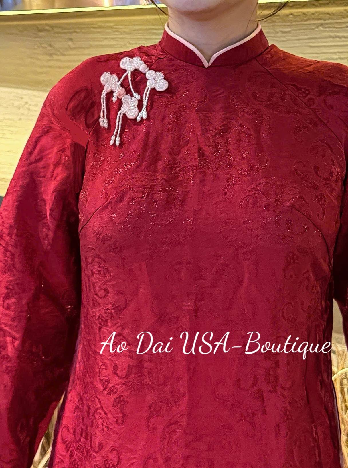 THUY DINH Set Ao Dai Lua To Tam Tence Long Phung Red Color with Yellow Pants/CT299