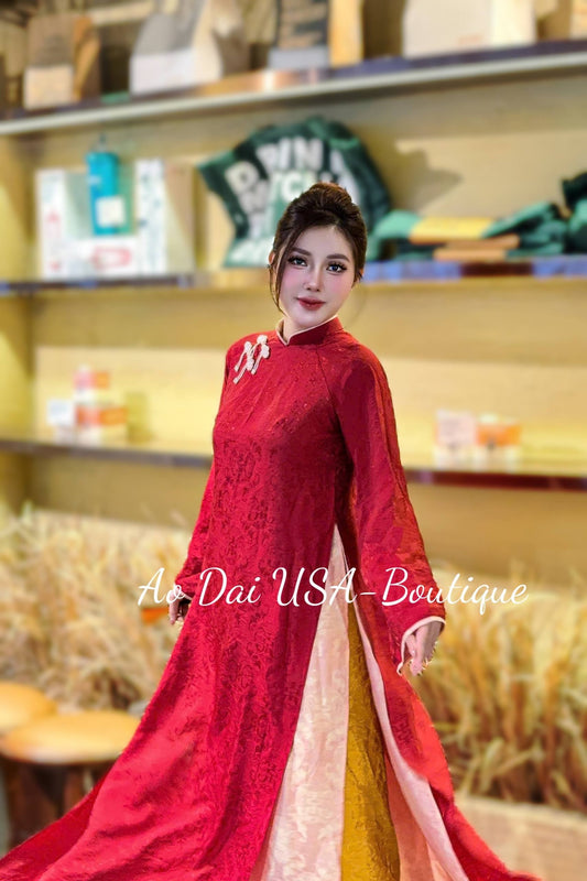 THUY DINH Set Ao Dai Lua To Tam Tence Long Phung Red Color with Yellow Pants/CT299