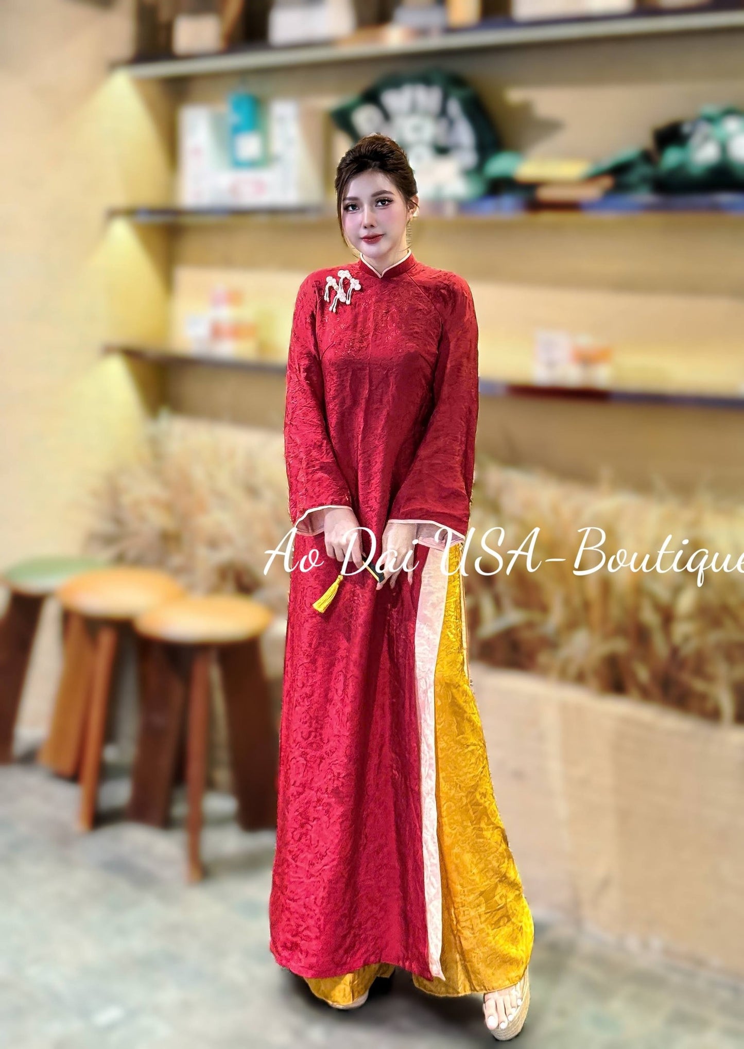 THUY DINH Set Ao Dai Lua To Tam Tence Long Phung Red Color with Yellow Pants/CT299
