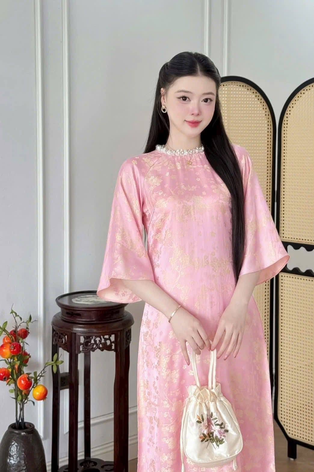 Matching Mom And Daughter Pink Ao Dai Set Lua To Tam Van Nam Loose Style/Lunar New Year 2026 MB1