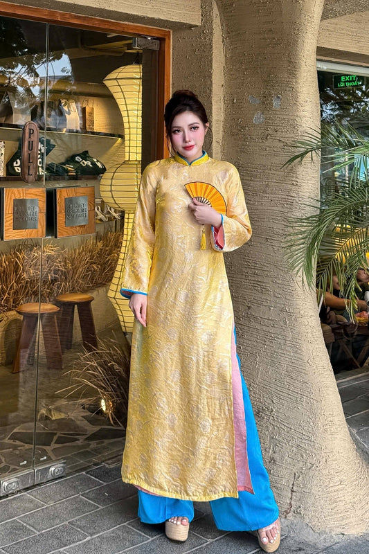 THU LINH Set Ao Dai Lua To Tam Tence Yellow Color With Blue Pants/B281