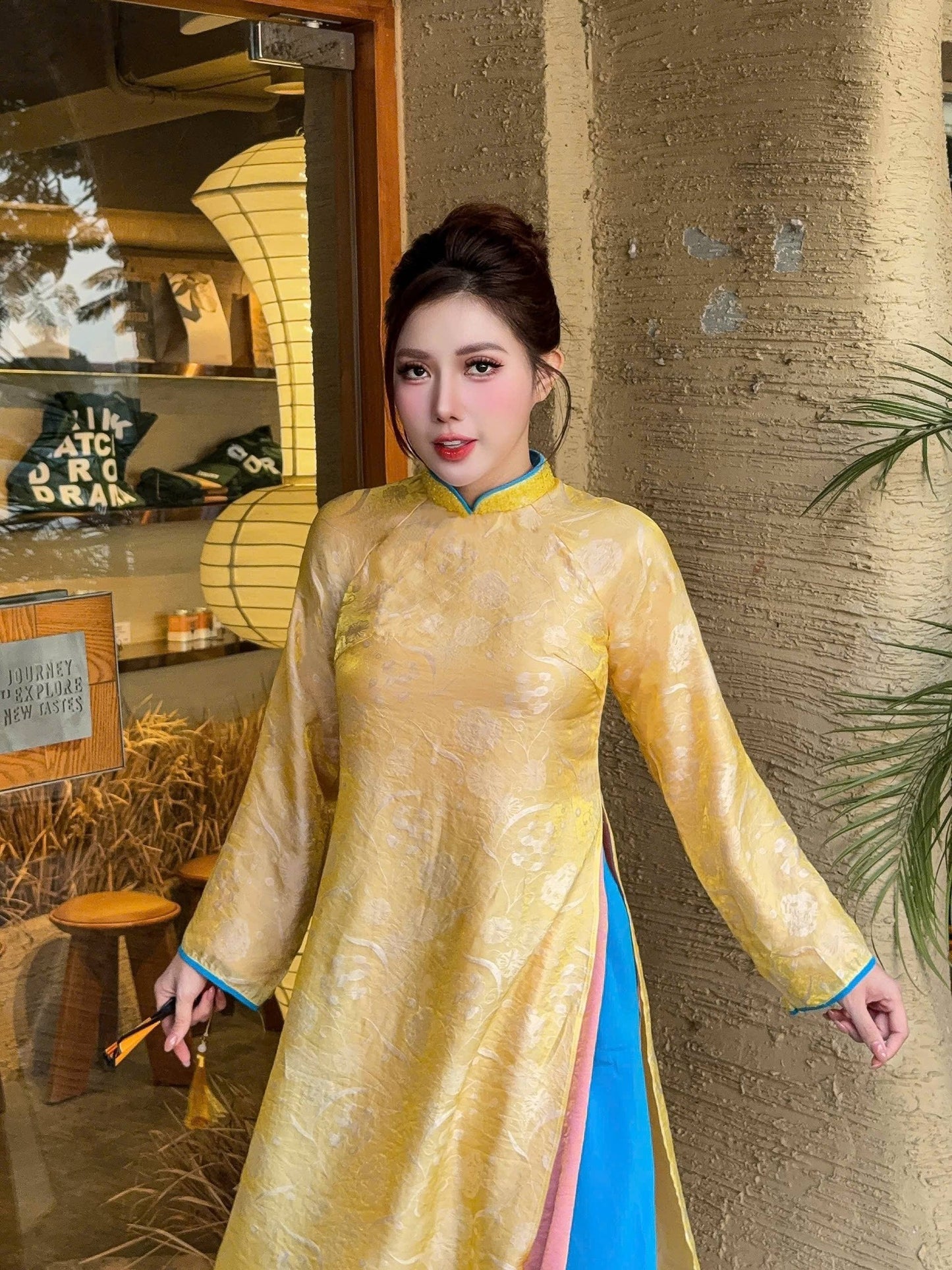 THU LINH Set Ao Dai Lua To Tam Tence Yellow Color With Blue Pants/B281