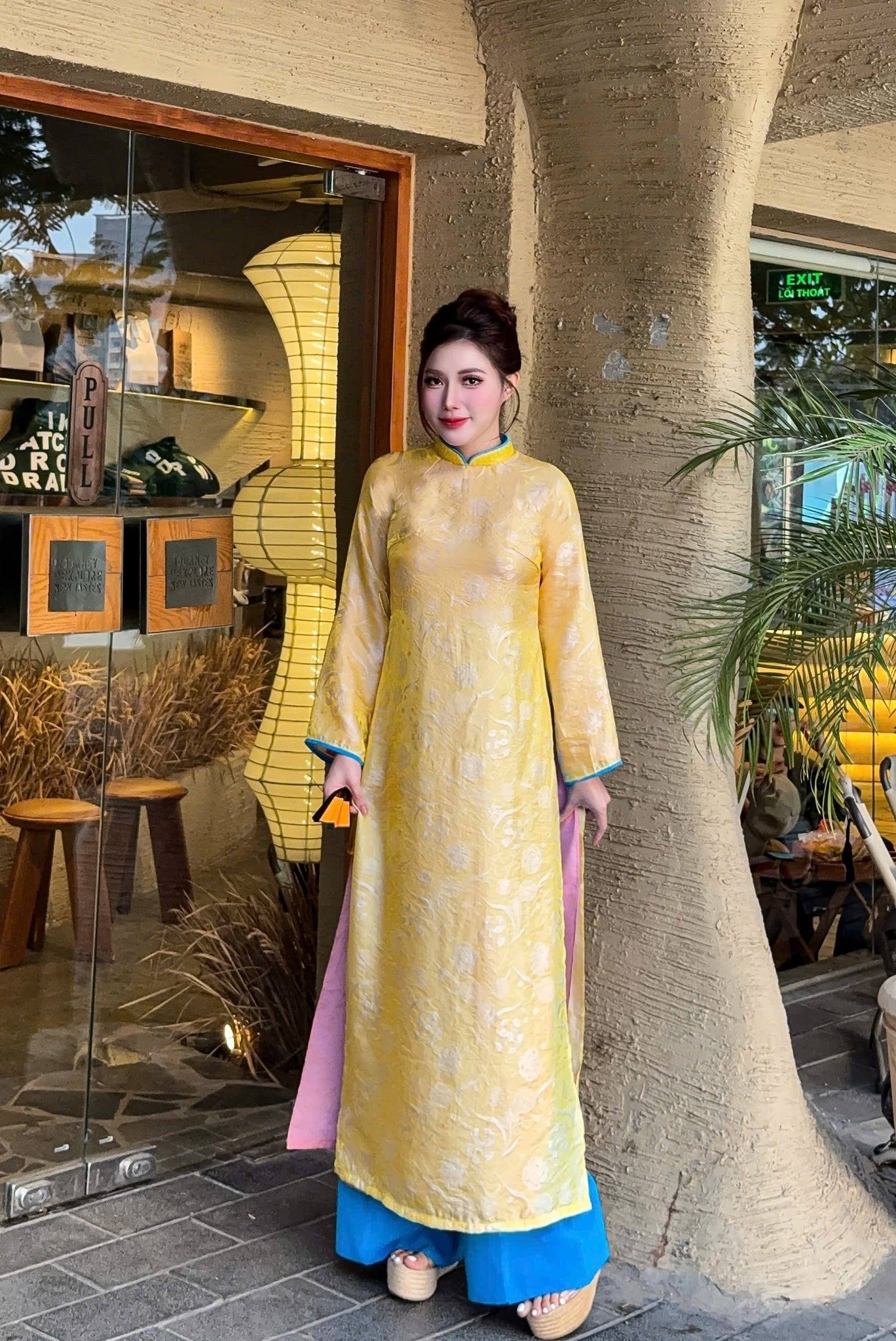 THU LINH Set Ao Dai Lua To Tam Tence Yellow Color With Blue Pants/B281