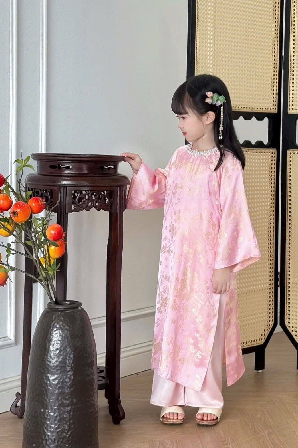 Matching Mom And Daughter Pink Ao Dai Set Lua To Tam Van Nam Loose Style/Lunar New Year 2026 MB1
