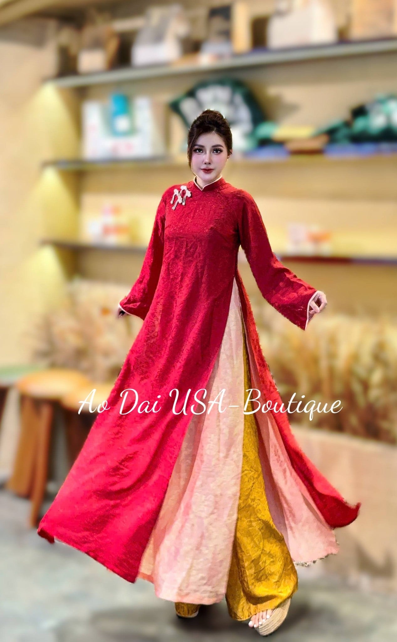 THUY DINH Set Ao Dai Lua To Tam Tence Long Phung Red Color with Yellow Pants/CT299