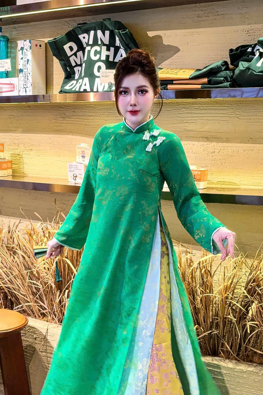CAT UYEN Ao Dai Tơ Tằm Hoa Mai Green Color/Loose Style Modern with Yellow Pants /B282
