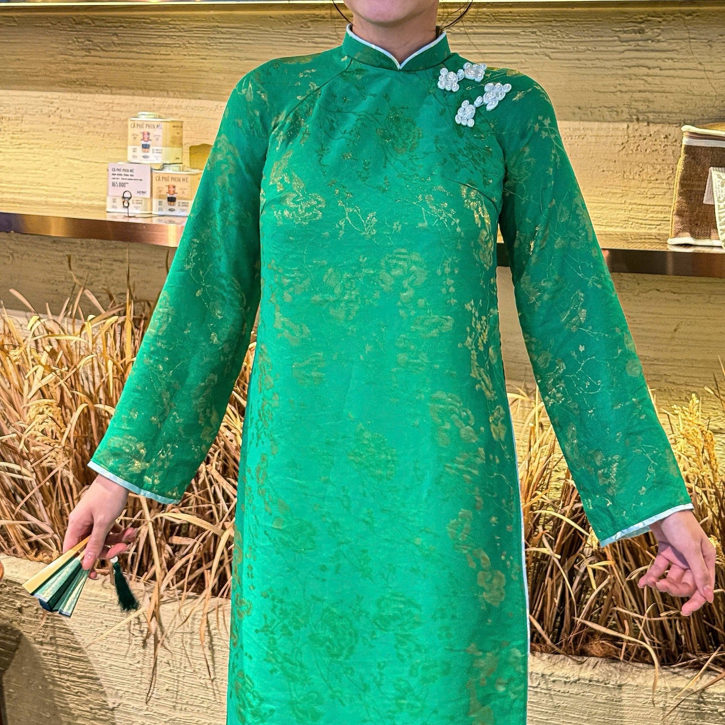 CAT UYEN Ao Dai Tơ Tằm Hoa Mai Green Color/Loose Style Modern with Yellow Pants /B282