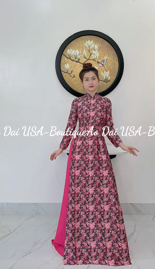 Set ao dai Flowers pink pants included-B239