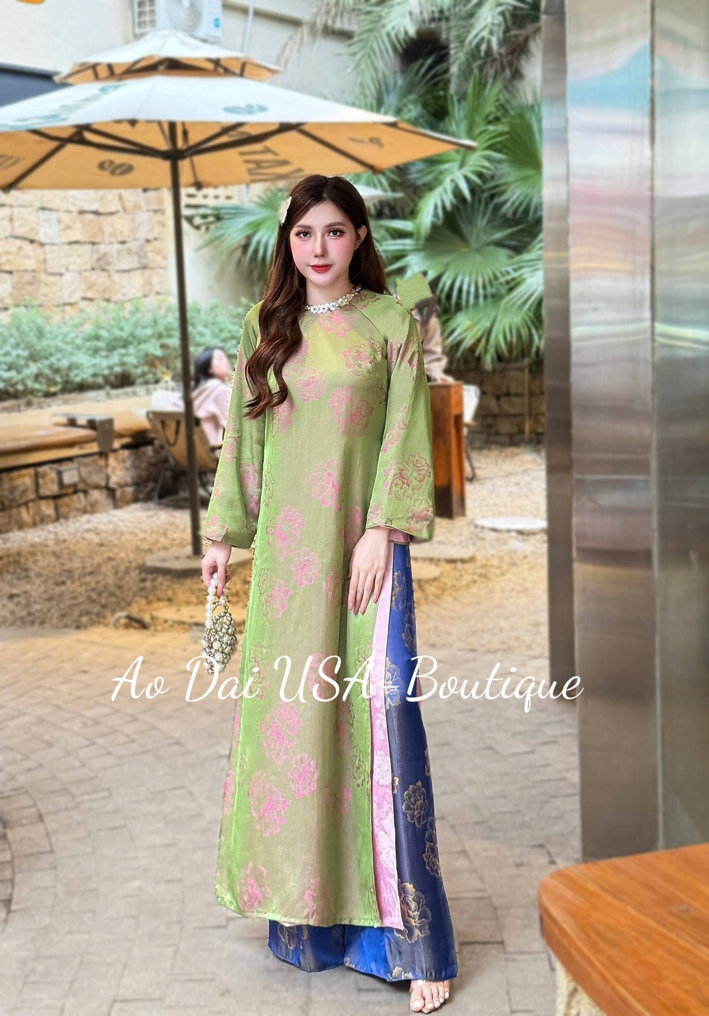BICH HOA Ao Dai Lua To Tam Van Nam with Blue Pants/CT290