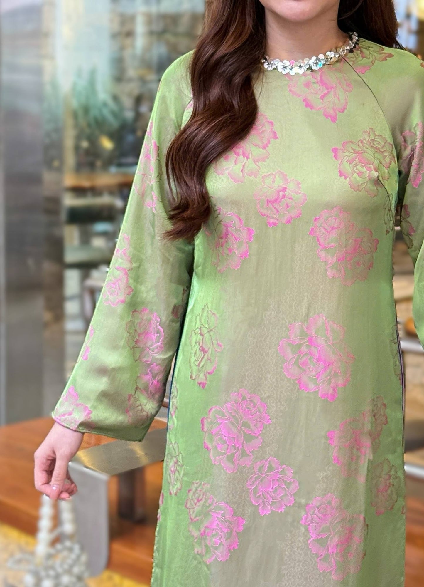 BICH HOA Ao Dai Lua To Tam Van Nam with Blue Pants/CT290