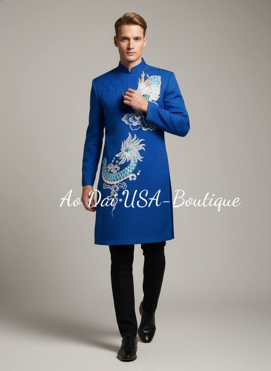Blue Ao Dai for Men/Embroidered Dragon Ao Dai/ TTP