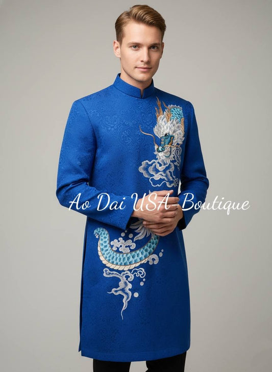 Blue Ao Dai for Men/Embroidered Dragon Ao Dai/ TTP