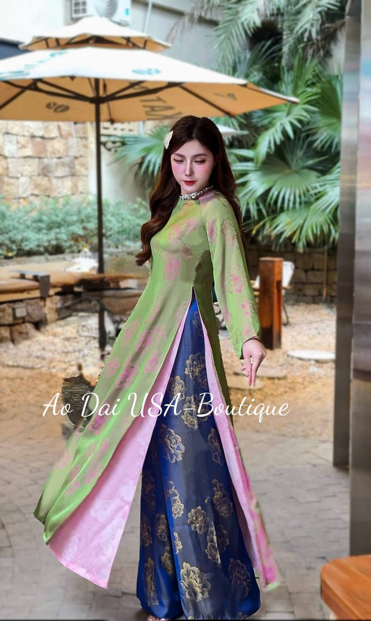 BICH HOA Ao Dai Lua To Tam Van Nam with Blue Pants/CT290