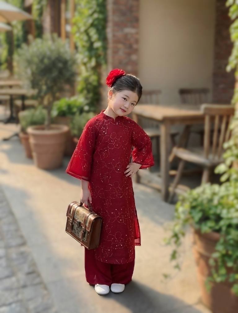 TO HONG Girls Floral Ao Dai Set Dark Red Color/ B269