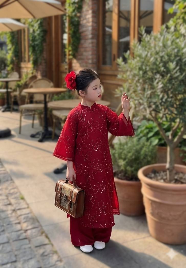 TO HONG Girls Floral Ao Dai Set Dark Red Color/ B269