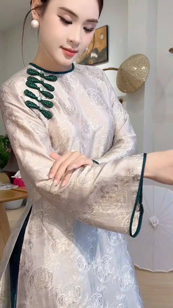 TUONG VY Set Ao Dai Lua To Tam Long Phung Dusty Blue Color/Vietnamese Traditional Long Dress with Pants The same Martial/B276