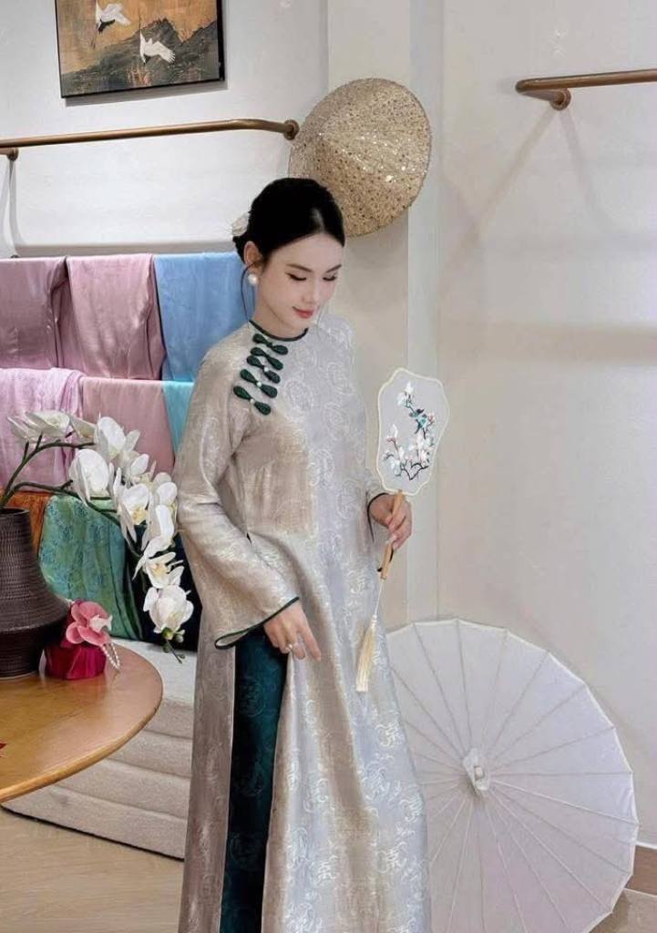 TUONG VY Set Ao Dai Lua To Tam Long Phung Dusty Blue Color/Vietnamese Traditional Long Dress with Pants The same Martial/B276