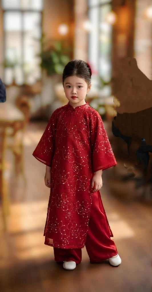TO HONG Girls Floral Ao Dai Set Dark Red Color/ B269