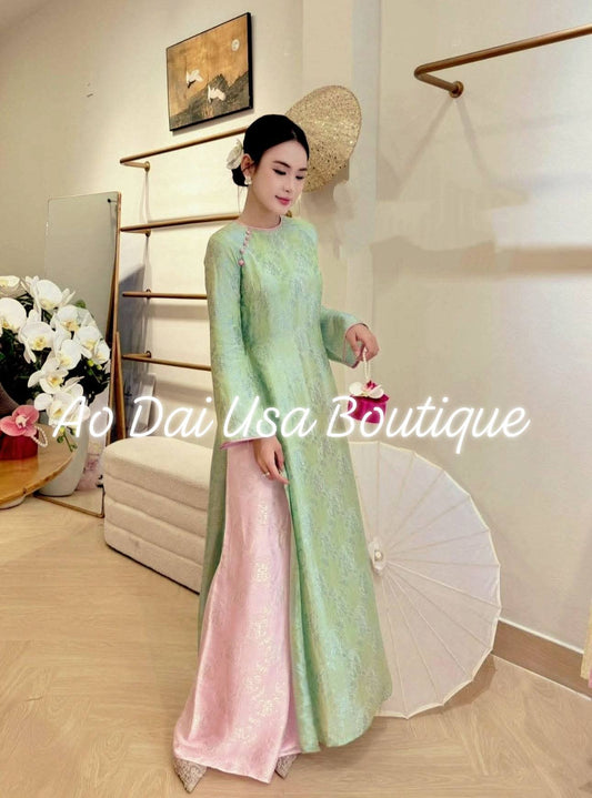 SUONG MO Set Ao Dai Lua To Tam Long Phung Mint Green Color/Vietnamese Traditional Long Dress with Pants The same Martial/B278