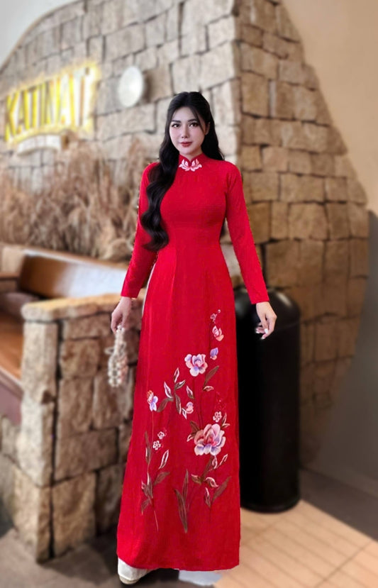VAN MAI Set Ao Dai Thai Tuan Red Color/White Pants included/TT72
