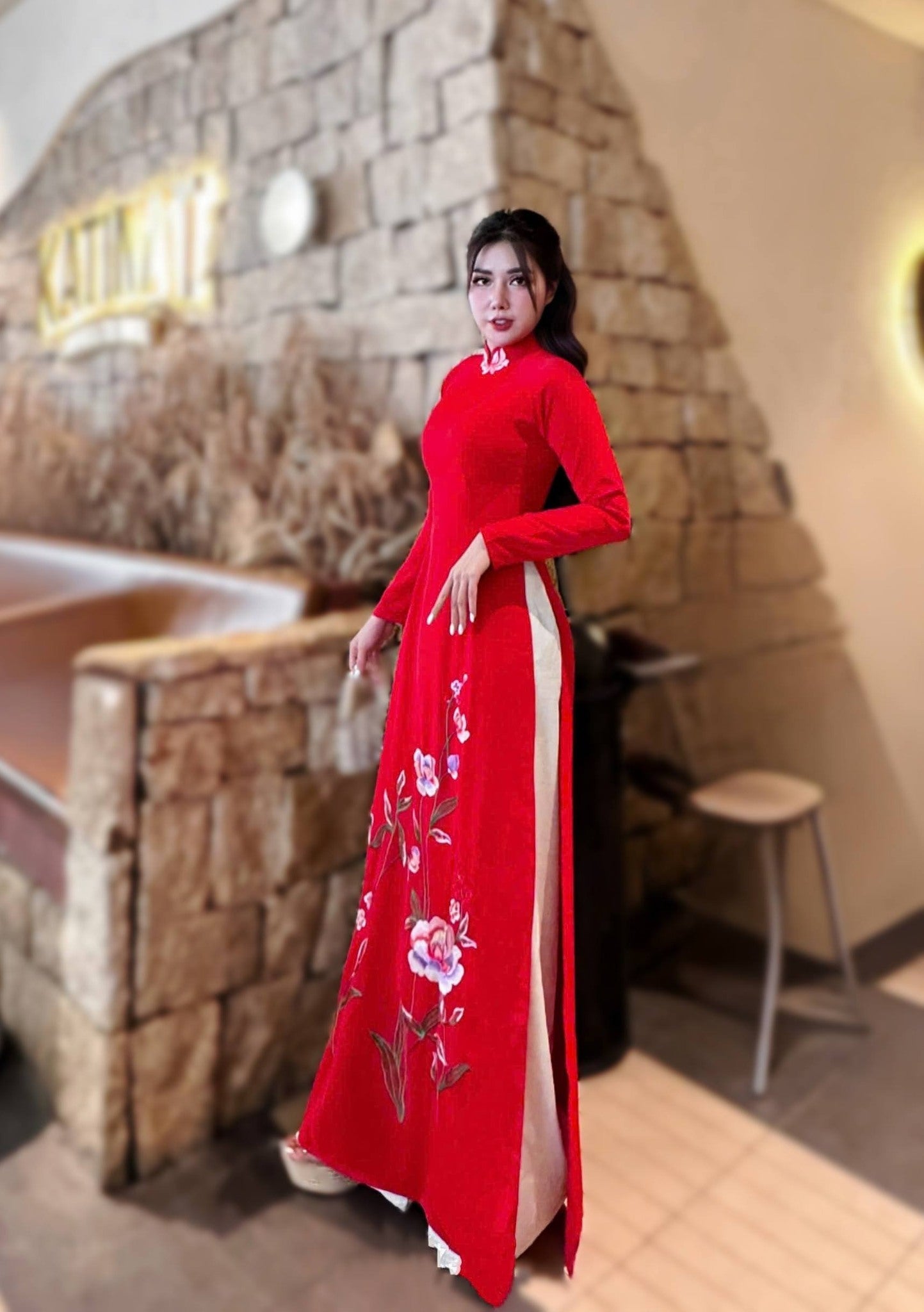 VAN MAI Set Ao Dai Thai Tuan Red Color/White Pants included/TT72