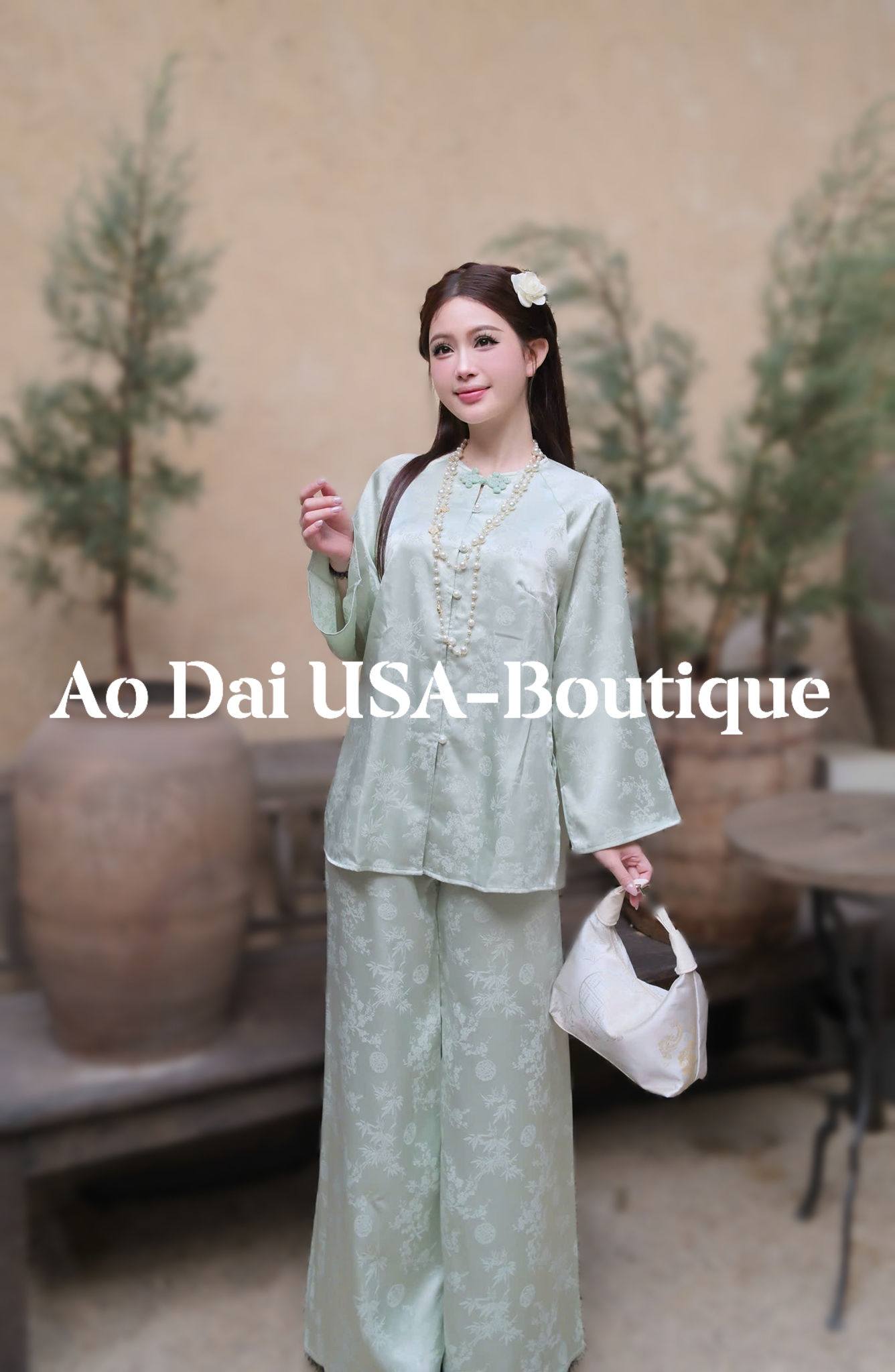 Jade Green Gấm Truc Xuan Vietnamese Ao Ba Ba Set – Loose Fit Traditional Outfit G347