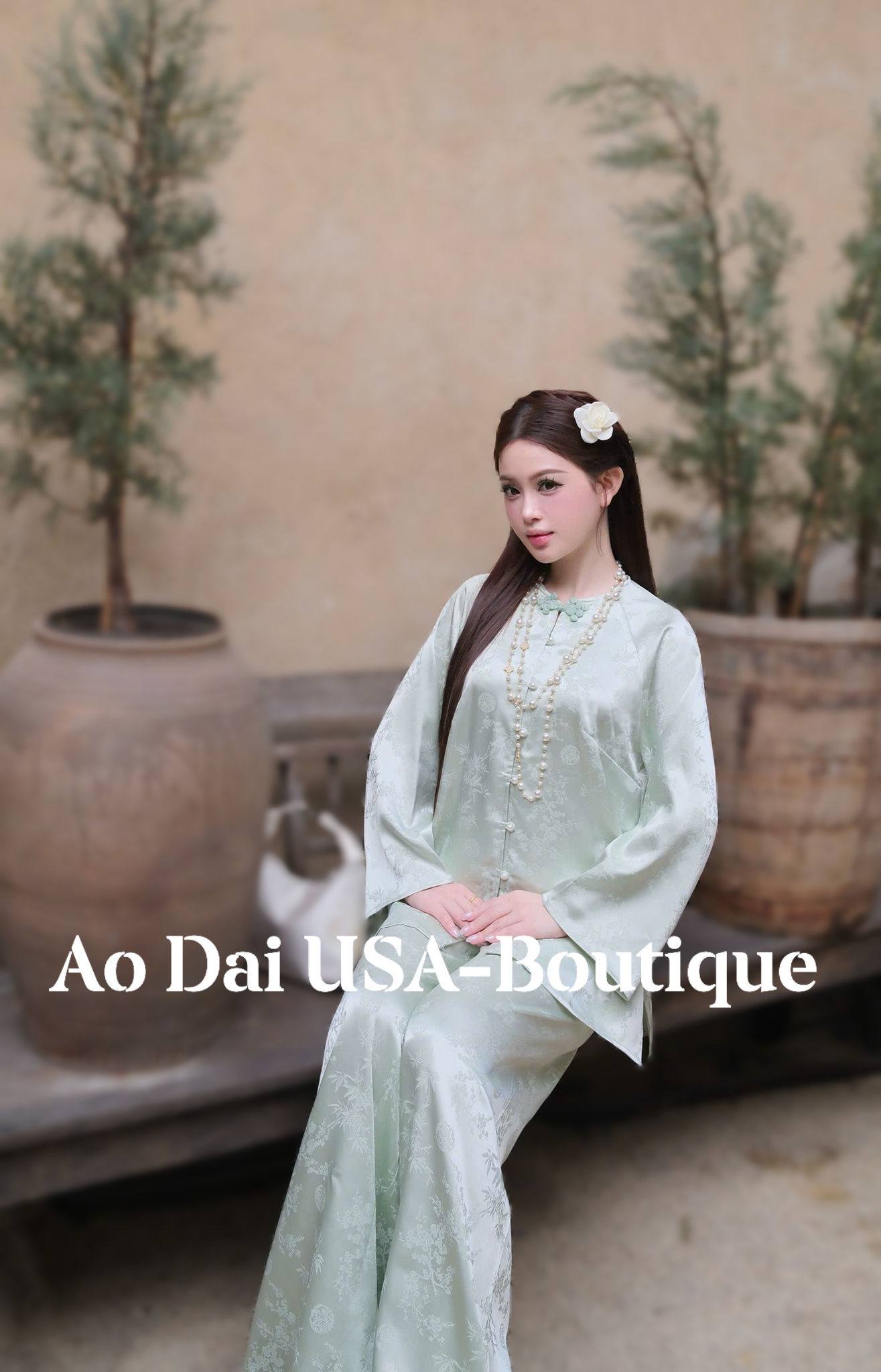 Jade Green Gấm Truc Xuan Vietnamese Ao Ba Ba Set – Loose Fit Traditional Outfit G347