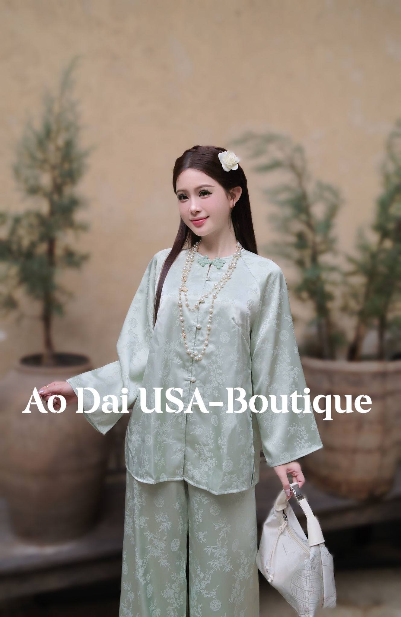 Jade Green Gấm Truc Xuan Vietnamese Ao Ba Ba Set – Loose Fit Traditional Outfit G347