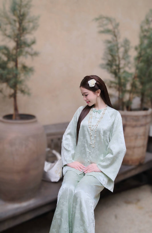 Jade Green Gấm Truc Xuan Vietnamese Ao Ba Ba Set – Loose Fit Traditional Outfit G347