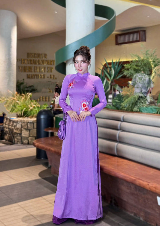 Set Ao Dai Lua Tô Chau with Dark Purple Pants/ DS49