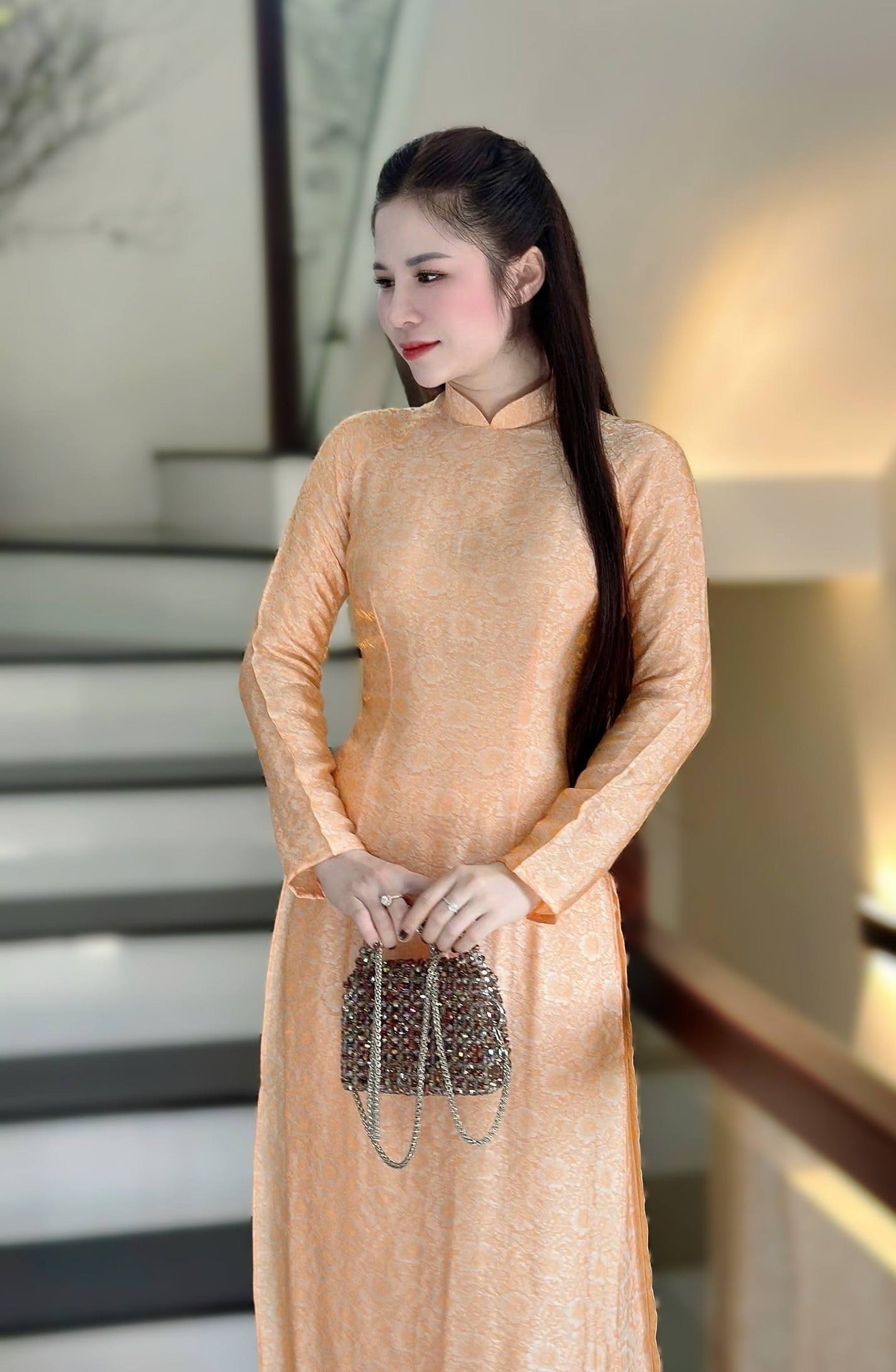 KIM MAI Set Ao Dai To Tam Thai Tuan Light Orange Color With Pants /TT58