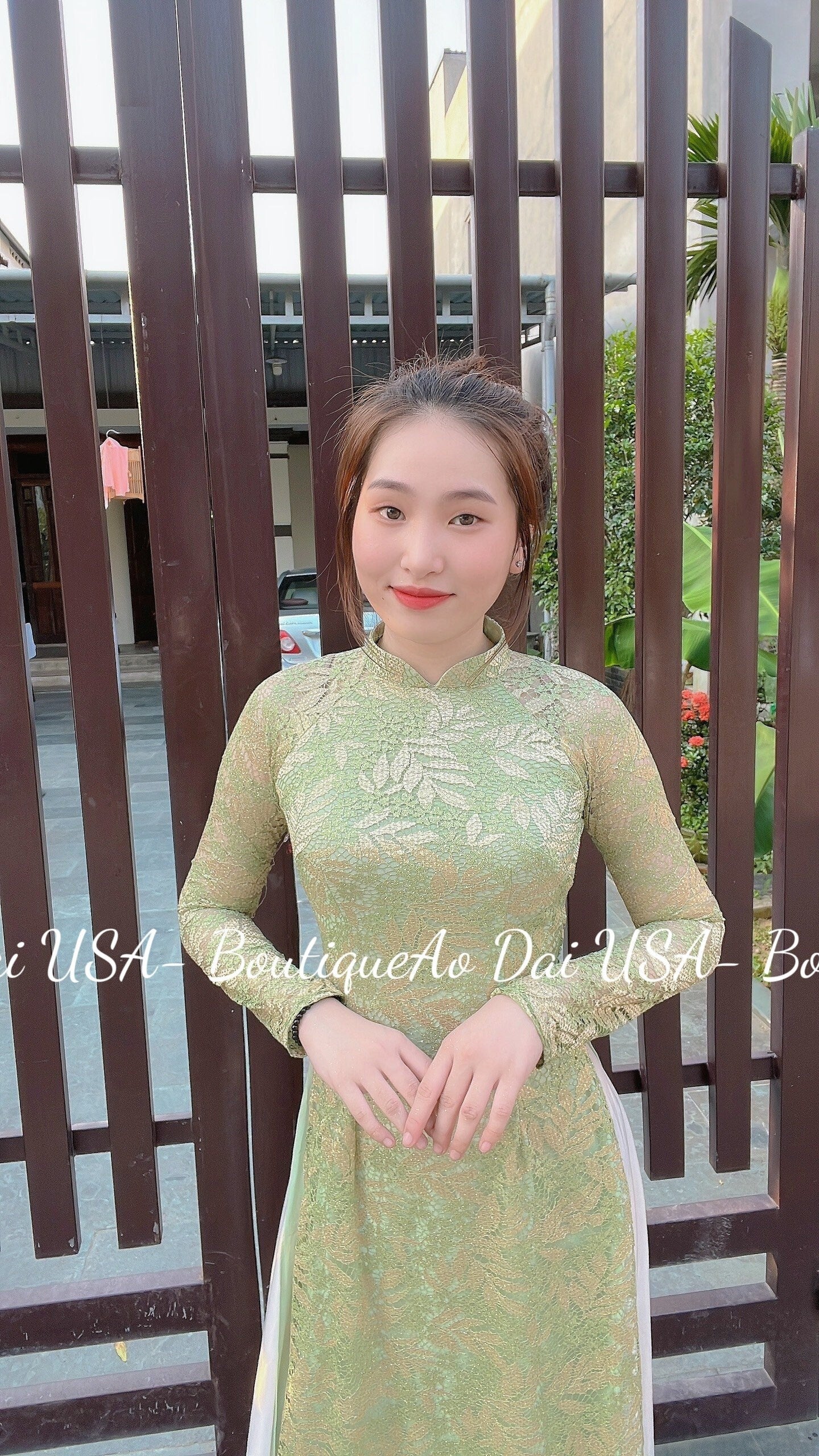 Double layers Lace Avocado Ao Dai Set-White Pants included- B249