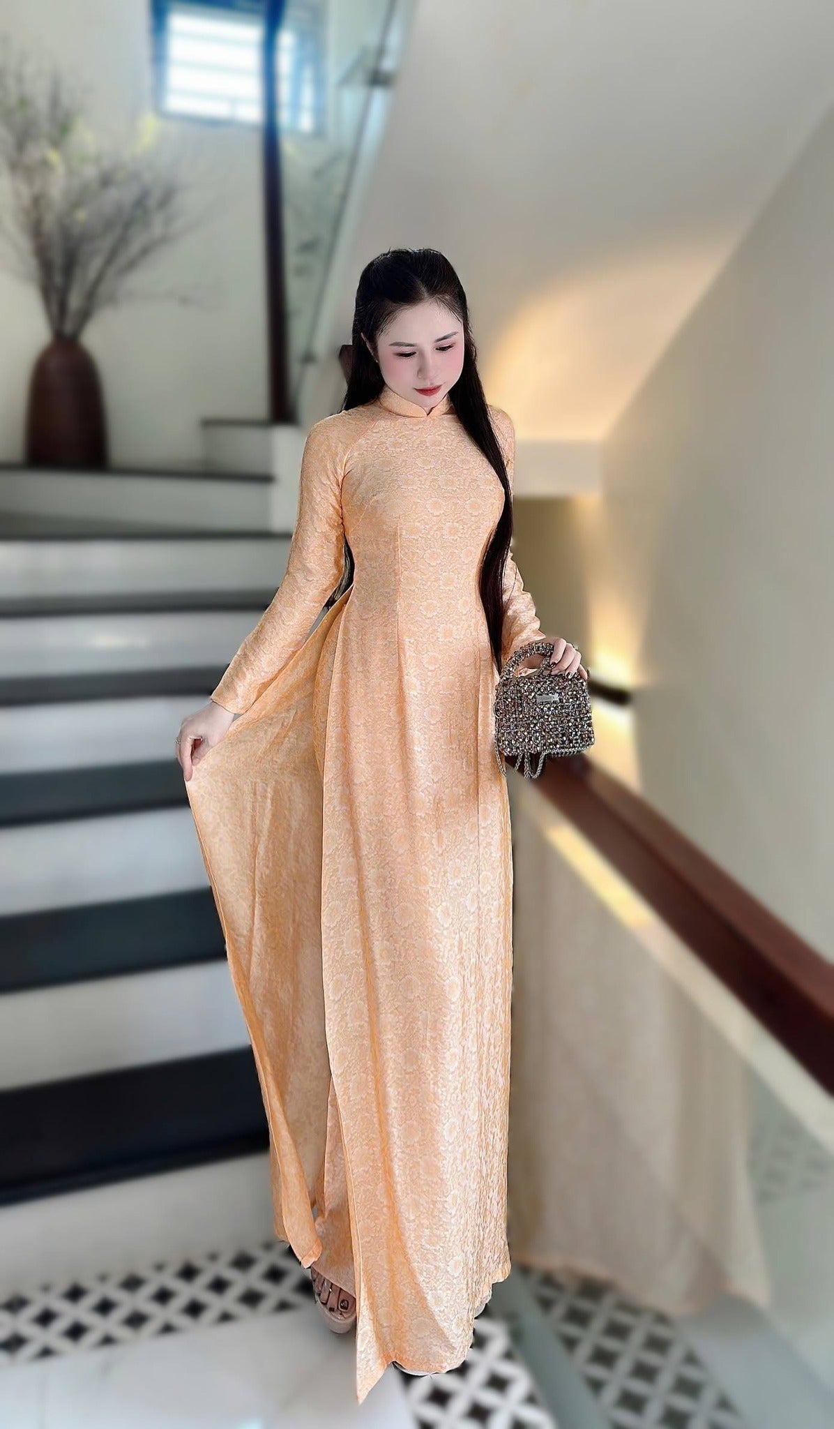 KIM MAI Set Ao Dai To Tam Thai Tuan Light Orange Color With Pants /TT58